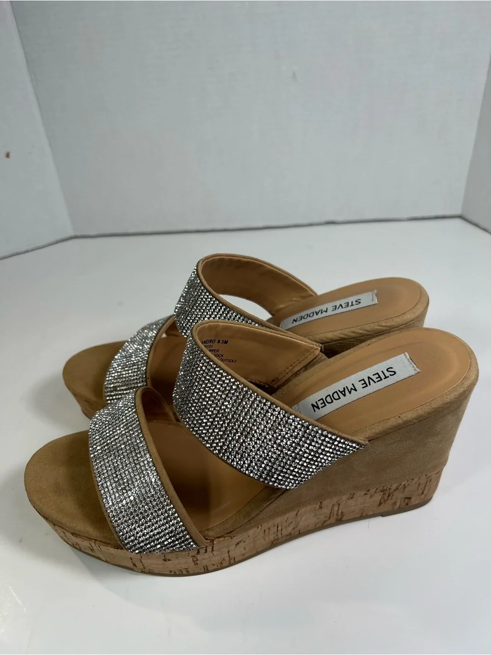 Steve Madden Sandro Rhinestone Cork Wedge Slide Sandals Beige 8.5M
